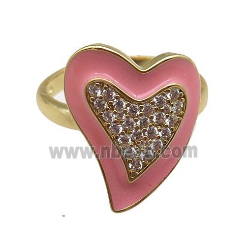 copper rings with pink enameled heart, adjustable, gold plated