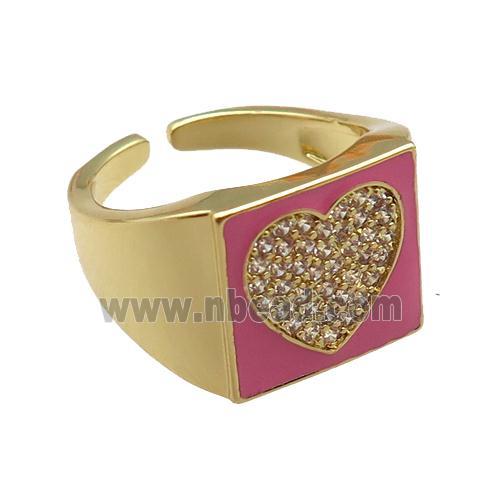 copper rings paved zircon with pink enameled, heart, adjustable, gold plated