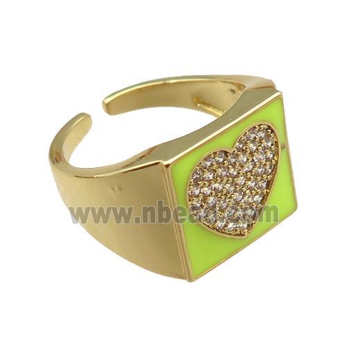 copper rings paved zircon with yellow enameled, heart, adjustable, gold plated
