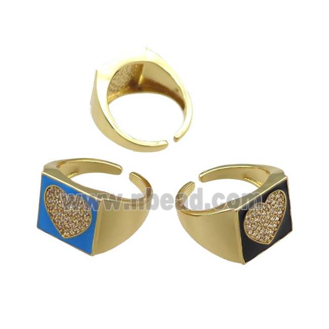 mix copper rings paved zircon with enameled, heart, adjustable, gold plated