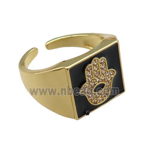 copper rings paved zircon with black enameled, hamsahand, adjustable, gold plated