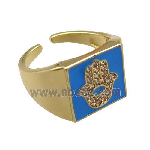 copper rings paved zircon with blue enameled, hamsahand, adjustable, gold plated