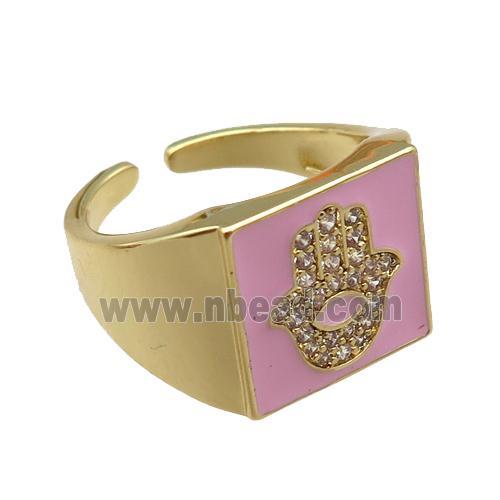 copper rings paved zircon with pink enameled, hamsahand, adjustable, gold plated