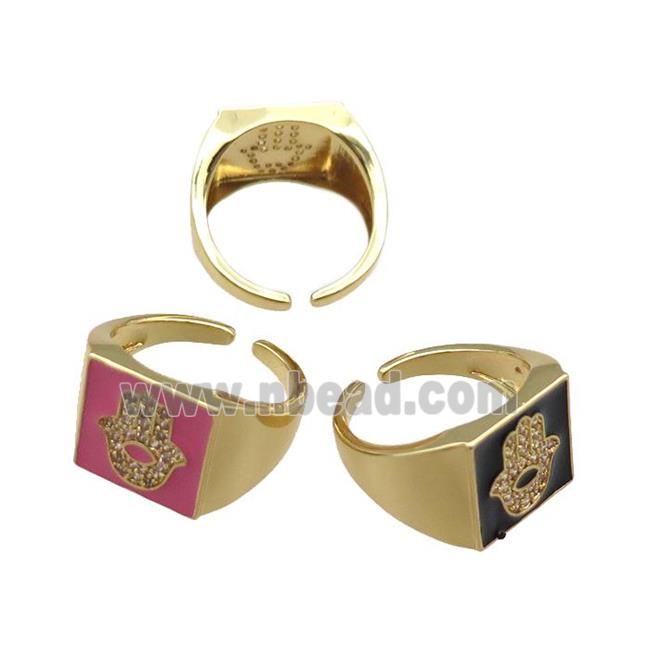 mix copper rings paved zircon with enameled, hamsahand, adjustable, gold plated