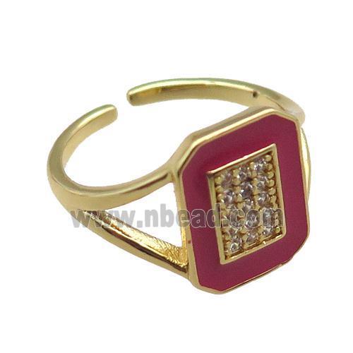 copper rings paved zircon with red enameled, adjustable, gold plated