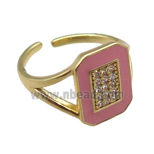 copper rings paved zircon with pink enameled, adjustable, gold plated