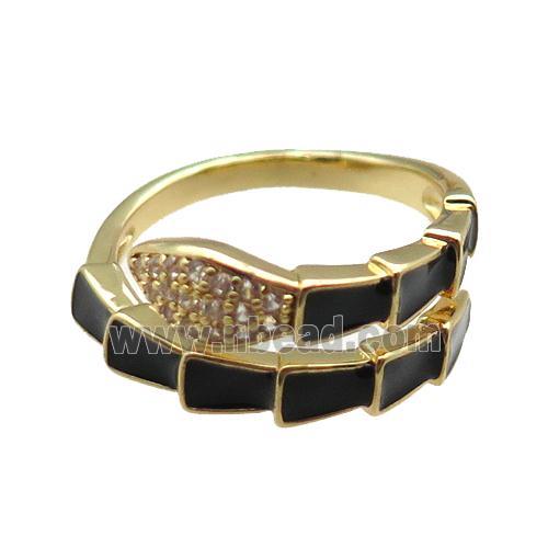 copper snake rings paved zircon with black enameled, adjustable, gold plated