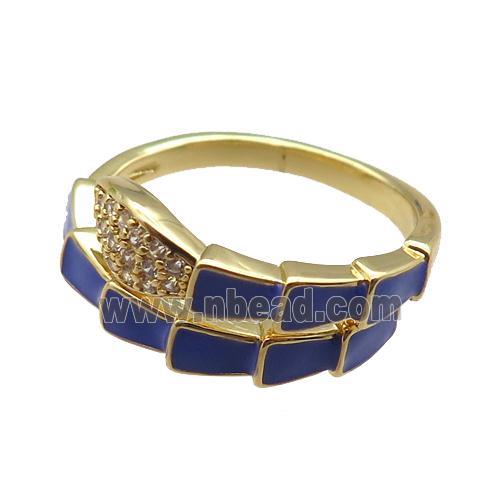 copper snake rings paved zircon with blue enameled, adjustable, gold plated