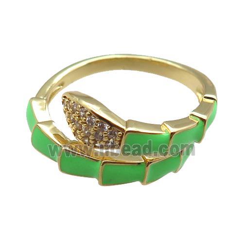 copper snake rings paved zircon with green enameled, adjustable, gold plated