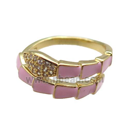 copper snake rings paved zircon with pink enameled, adjustable, gold plated