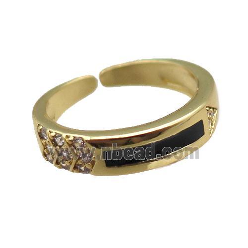 copper rings paved zircon with black enameled, adjustable, gold plated