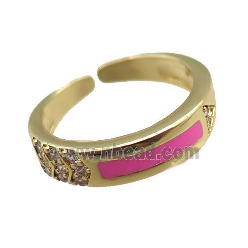 copper rings paved zircon with pink enameled, adjustable, gold plated