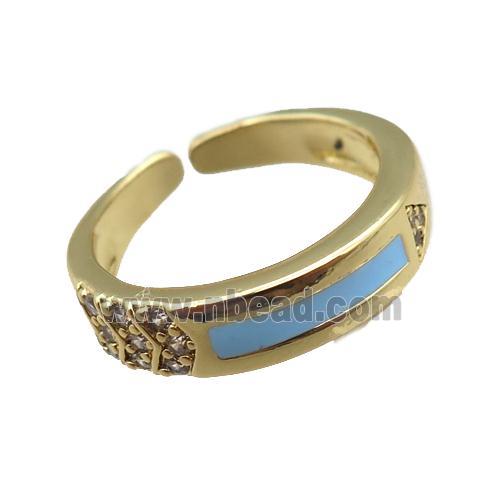 copper rings paved zircon with blue enameled, adjustable, gold plated