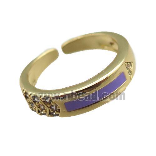 copper rings paved zircon with purple enameled, adjustable, gold plated