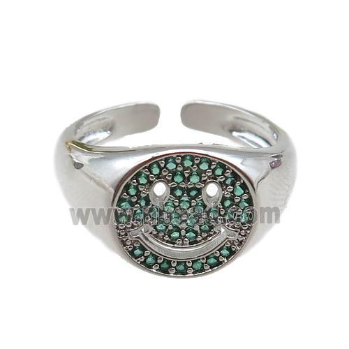 copper rings paved green zircon with smileface emoji, adjustable, platinum plated