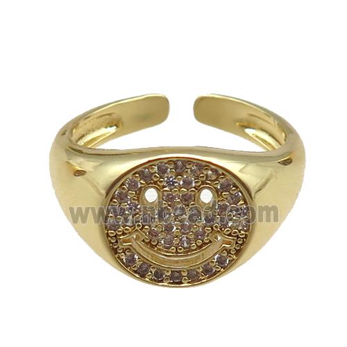 copper rings paved zircon with smileface emoji, adjustable, gold plated