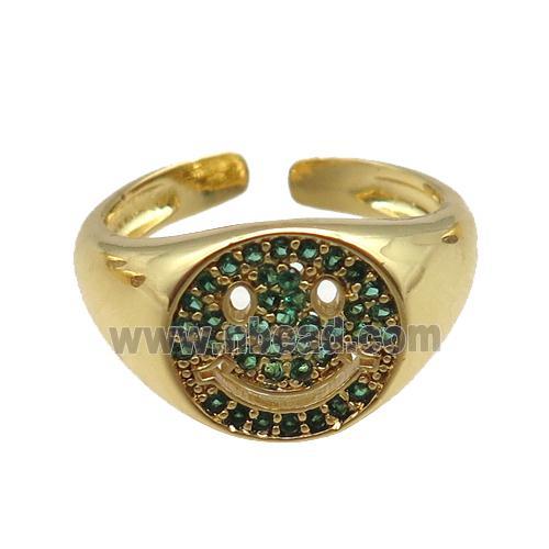 copper rings paved green zircon with smileface emoji, adjustable, gold plated