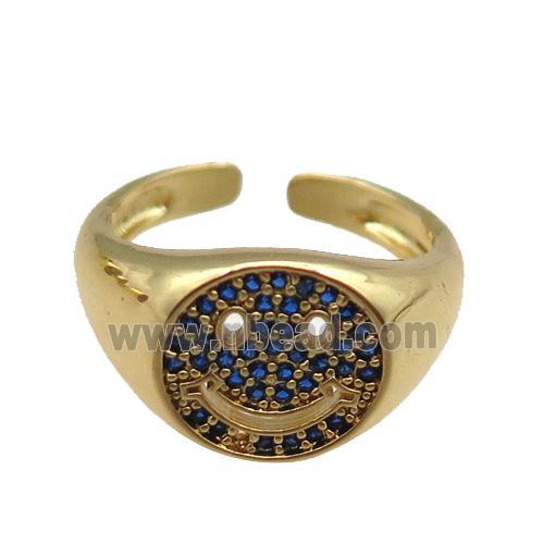 copper rings paved blue zircon with smileface emoji, adjustable, gold plated
