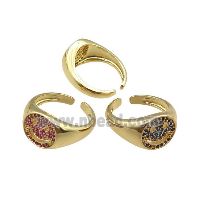 mix copper rings paved zircon with smileface emoji, adjustable, gold plated