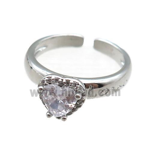 adjustable copper ring with heart pave zircon, platinum plated
