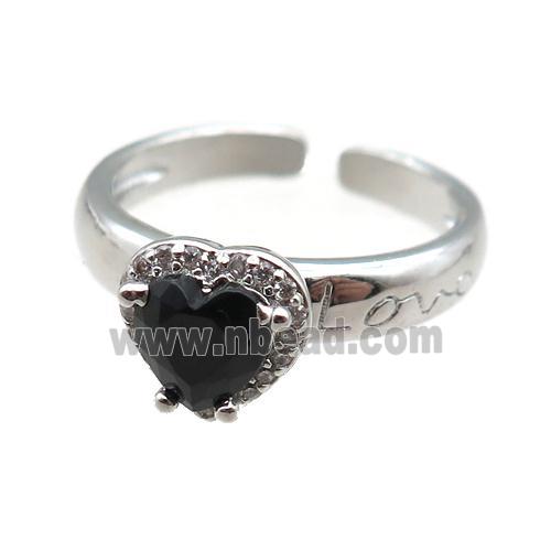 adjustable copper ring with heart pave zircon, platinum plated