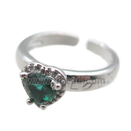 adjustable copper ring with heart pave green zircon, platinum plated
