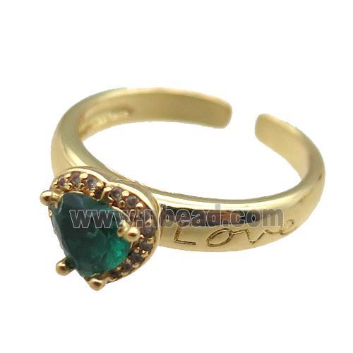 adjustable copper ring with heart pave green zircon, gold plated
