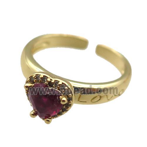 adjustable copper ring with heart pave zircon, gold plated