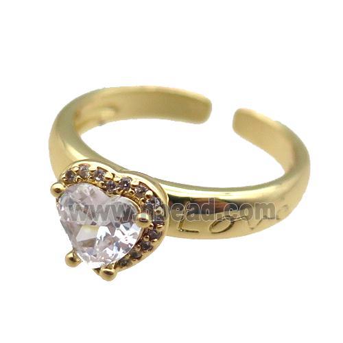 adjustable copper ring with heart pave zircon, gold plated