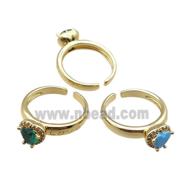 adjustable copper ring with heart pave zircon, mix, gold plated