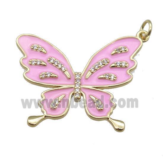 copper butterfly pendant with pink enameled, gold plated
