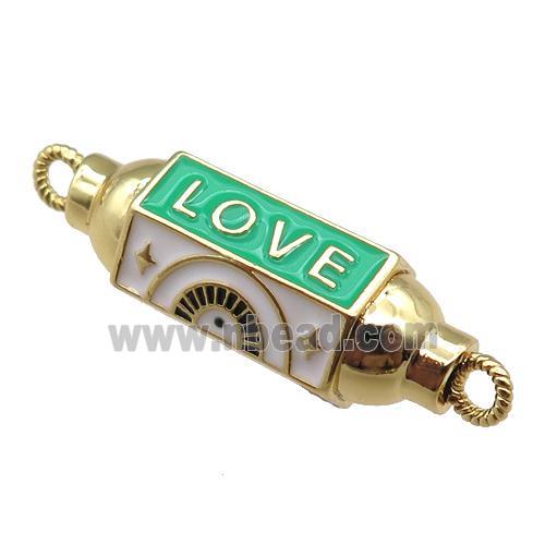 copper capsule hexagon connector, LOVE, green enameled, gold plated