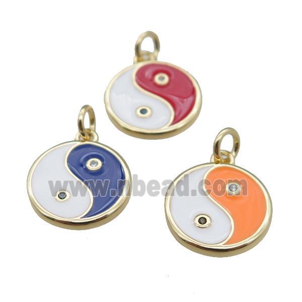 copper taichi pendant, yinyang charm, mix enameled, gold plated
