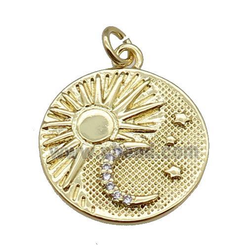 copper circle pendant pave zircon, moon, gold plated