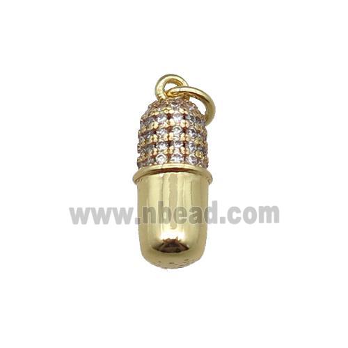 copper pill charm pendant pave zircon, gold plated
