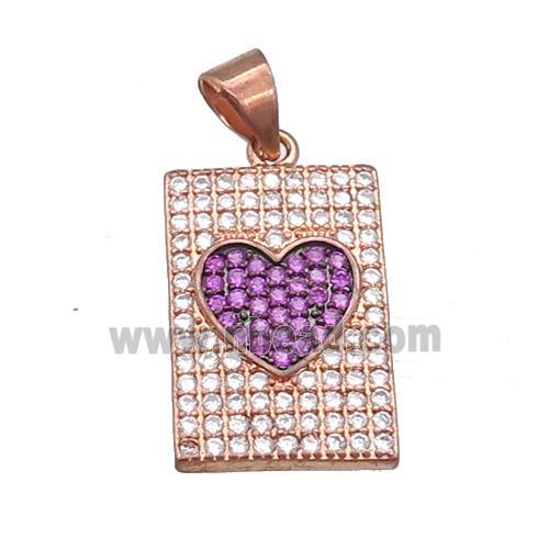copper rectangle pendant pave zircon, heart, rose gold