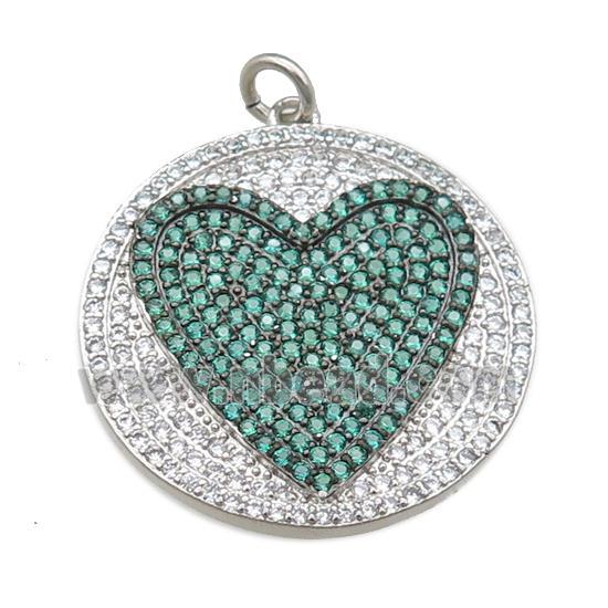 copper circle pendant pave zircon, heart, platinum plated