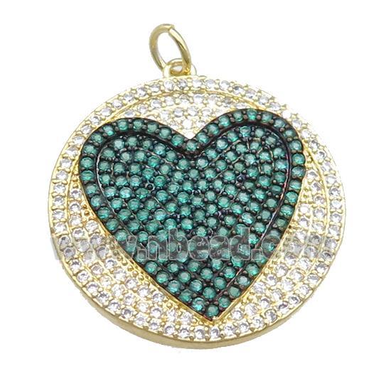 copper circle pendant pave green zircon, heart, gold plated