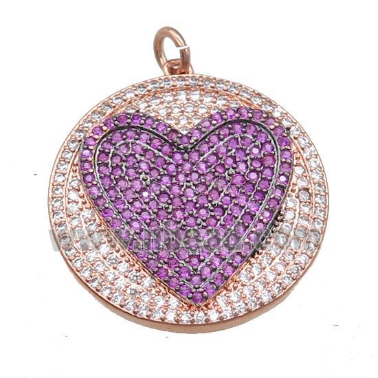 copper circle pendant pave zircon, heart, rose gold