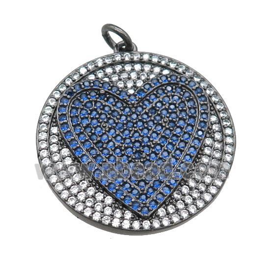 copper circle pendant pave blue zircon, heart, black plated