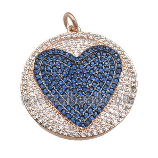 copper circle pendant pave zircon, heart, rose gold