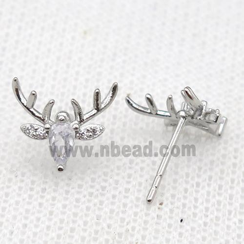 copper Reindeer Stud Earring paved zircon, platinum plated