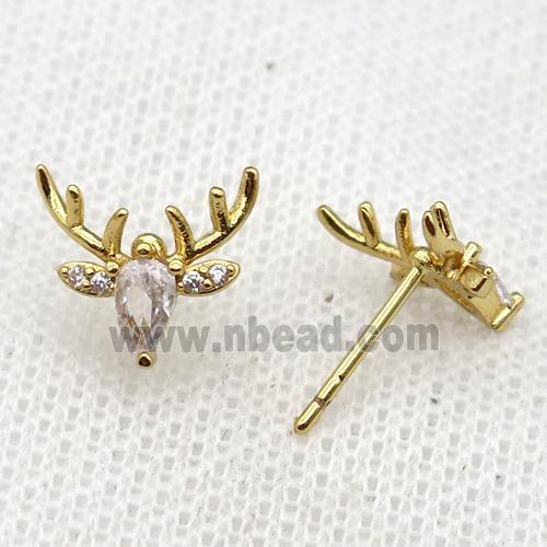 copper Reindeer Stud Earring paved zircon, gold plated