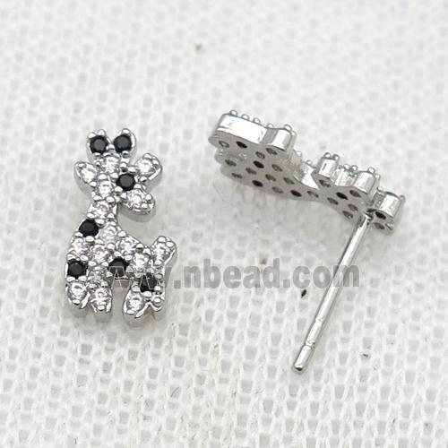 copper dog Stud Earring paved zircon, platinum plated