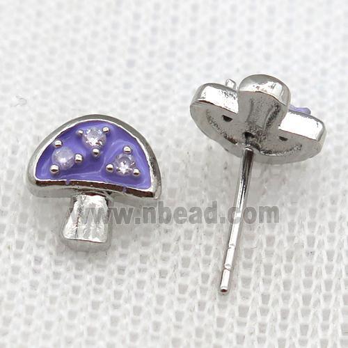 copper mushroom Stud Earring with purple Enameled, platinum plated