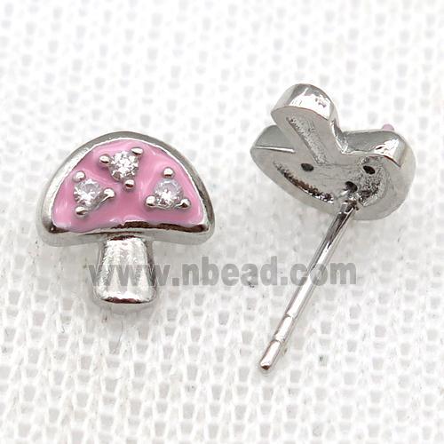 copper mushroom Stud Earring with pink Enameled, platinum plated