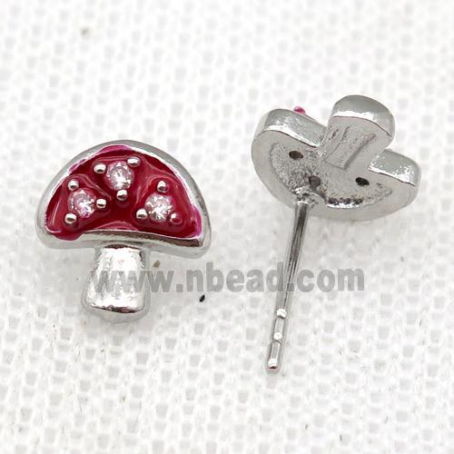 copper mushroom Stud Earring with red Enameled, platinum plated