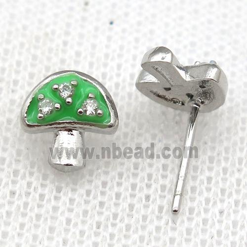 copper mushroom Stud Earring with green Enameled, platinum plated