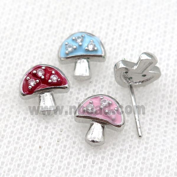 copper mushroom Stud Earring with Enameled, mix, platinum plated
