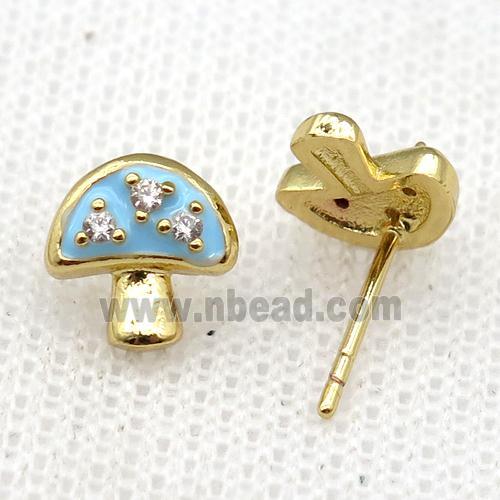 copper mushroom Stud Earring with blue Enameled, gold plated